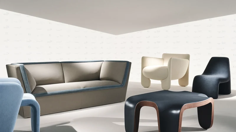 Illustrazione di un ambiente d'arredo con linee morbide e materiali naturali